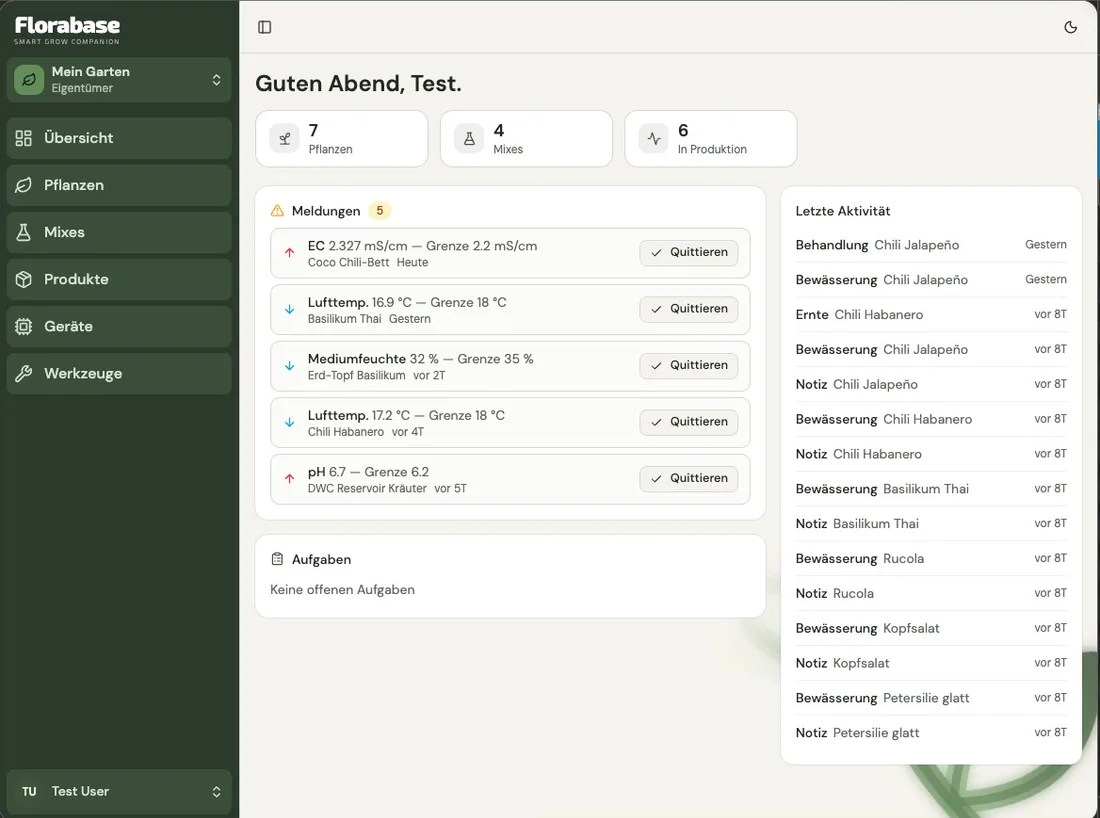 Dashboard von Florabase mit Sensorwerten, Meldungen und Aktivitätsverlauf