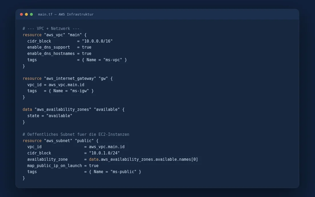 Terraform-Code aus einem Masterschool-Projekt, der eine AWS-Umgebung mit VPC, EC2 und RDS beschreibt